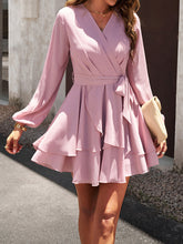 Ruffled Solid Color Tied Waist A-Line High Waisted V-Neck Mini Dresses